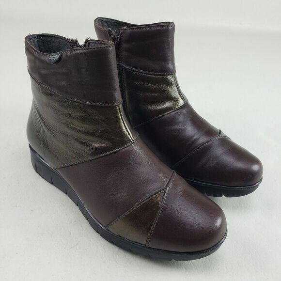 Onfoot Leather Ankle Wedge Boot Womens 6.5 EU 37 Brown & Gold Side Zip Spain - Picture 1 of 11